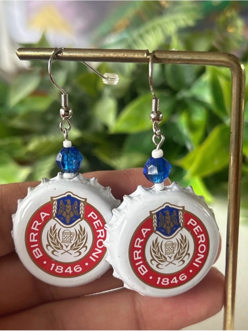 Upcycled Birra Peroni Bottle Cap Dangle Earrings - White & Red with Blue Beads